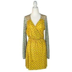 ASOS Floral Print Pleated Long Sleeve Wrap Dress In Yellow/Green - Size 4